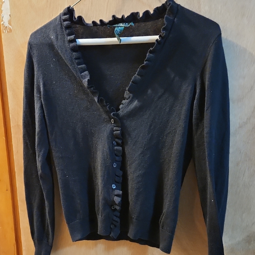 Ralph Lauren Black Ruffle Trim Cardigan